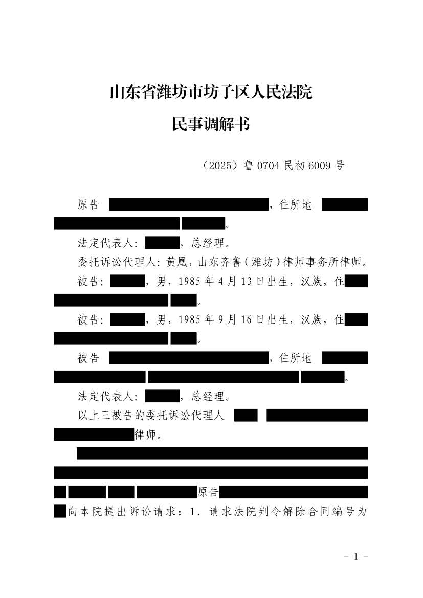 （2025）鲁0704民初6009号民事调解书原件影像第1页（节选脱敏件）